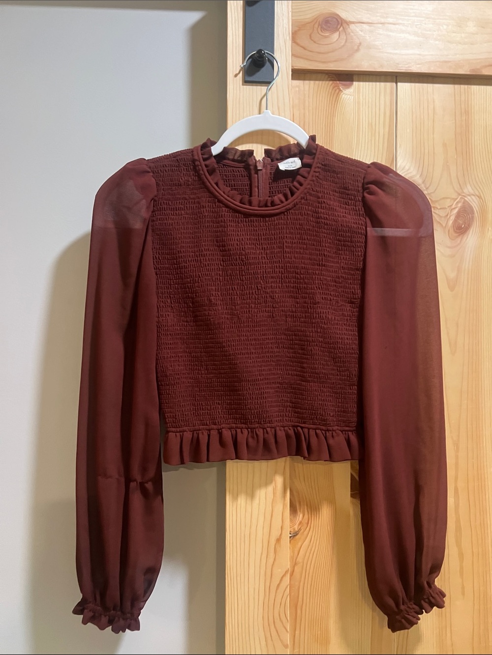 Wilfred brand ladiesSmocked Ruffle Long-Sleeve Top - Burgundy size x x small
